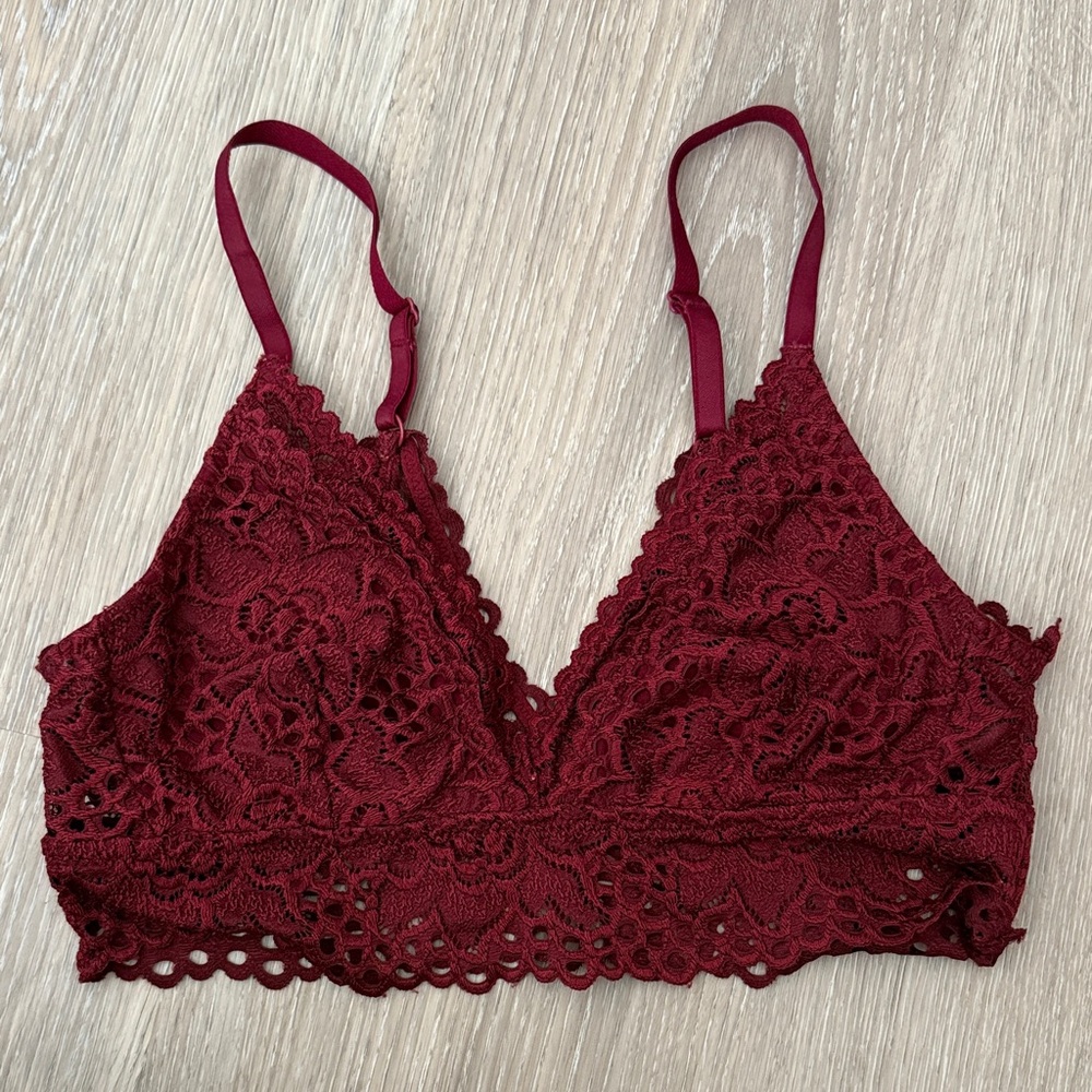 aerie Deep V Plunge Lace Bralette in Rich Burgundy
